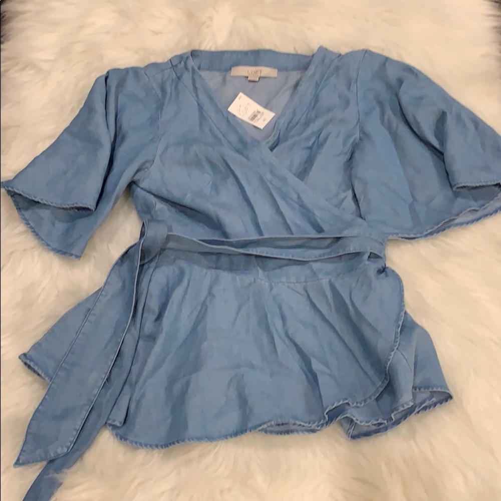 NWT THE LOFT Denim Wrap Tie V Neck Blouse